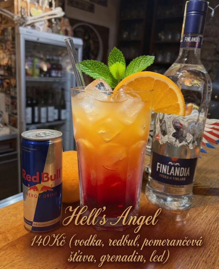 Plakát koktejlu Hells Angel's — vodka, Red Bull, pomerančový džus, grenadina